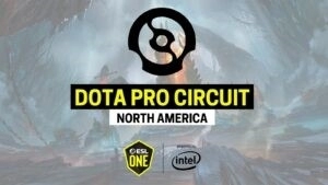 Символ Dota Pro Circuit, стилизованная эгида бессмертных, отображается черным цветом над словами «Dota Pro Circuit North America» желто-белого цвета.  Логотипы ESL One и Intel отображаются ниже.