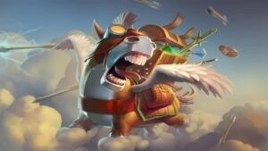 A donkey courier in Dota 2 charges through the clouds with a chest of items on its back