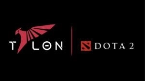 The logo for Talon esports, the word Talon with the letter A stylized like a bird of prey, appears against a black background besides the Dota 2 logo