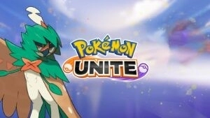 Decidueye stands with its wings outstretched with the Pokemon Unite symbol next to it with a crystalesque background.