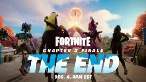 Fortnite characters walk along an empty road toward a blazing eye in the sky, the words 