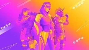 Fortnite characters including Chigusa and Fabio Sparklemane appear with a sunset gradient