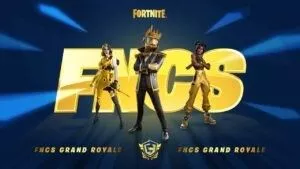 Три персонажа Fortnite позируют в черно-золотой одежде перед золотыми буквами «FNCS».  Под ними находится логотип FNCS в виде щита и золотые слова «FNCS Grand Royale».