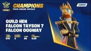 A Fortnite character in a suit and gold llama helmet stands next to the FNCS Grand Royale winner names, Guild Hen, Falcon Tayson 7 and Falcon Oogway.