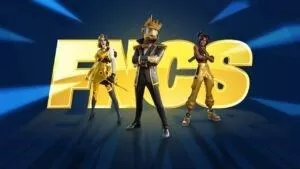 Three Fortnite characters pose in black and gold outfits in front of the letters 