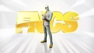 A masked Fortnite character poses in a white business suit with the letters 