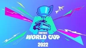 The iconic Fortnite Bus and Trophy appear in bright blue against a blue and purple gradient background. Beneath them the words 