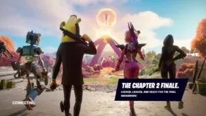 Four Fortnite characters walk with their weapons away from the camera towards another character levitating above a pyramid, radiating with energy.