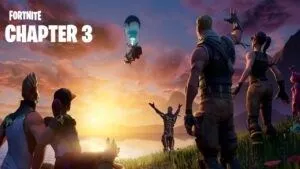 Группа персонажей Fortnite стоит на холме и машет боевому автобусу, уходящему в сторону заката.