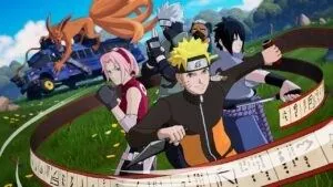 Sakura, Naruto, Sasuke and Kakashi stand in a lush green field, the Fortnite battle bus can be seen in the distance behind them