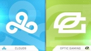 Логотипы Cloud9 и OpTiC Gaming отображаются рядом на синем и зеленом фоне.