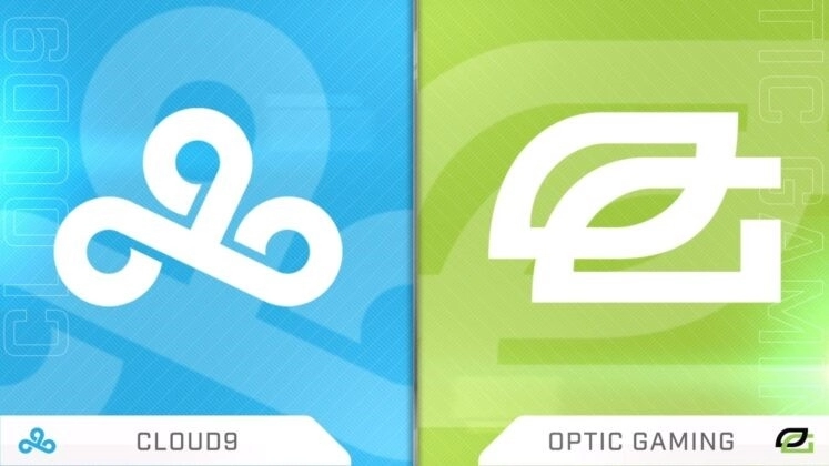 Логотипы Cloud9 и OpTiC Gaming отображаются рядом на синем и зеленом фоне.