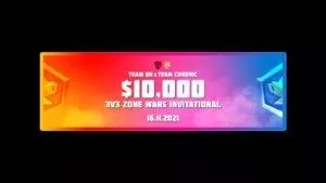 A colorful banner on a black background appears for the HypeX Fortnite Zone Wars Invitational appears with tournament info and the $10,000 prize pool prominently featured.