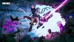 League of Legends champion Jinx flies through a broken wall shooting a laser Gatling gun with Fortnite characters watching her.