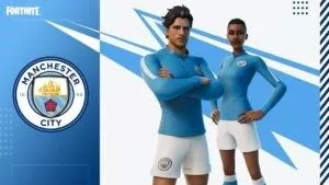 Two Fortnite characters stand in the Manchester City themed cosmetics with a team logo to the side of them.