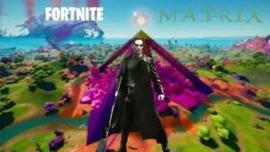 Neo from the Matrix movie stands in front of a Fortnite location with a purple pyramid structure. The Fortnite and Matrix logos appear on the top of the image.