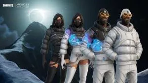 Four Fortnite characters are lined up in Moncler attire on a snowy mountain peak.