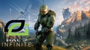 Мастер Чиф стоит с оружием наготове на кольце Halo с логотипами Halo Infinite и OpTic Gaming в углу.