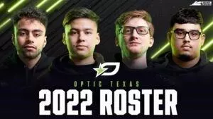 Pro Call of Duty players Seth “Scump” Abner, Brandon “Dashy” Otell, Anthony “Shotzzy” Cuevas-Castro and Indervir “iLLeY” Dhaliwal are all shown together with the OpTic Texas logo and the words 