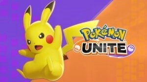 Пикачу бросается в бой на фиолетово-оранжевом фоне с логотипом Pokemon Unite рядом с ним.