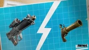 A blue schematics sheet is split in half with a white lightning bolt shape with a Proximity Grenade Launcher on one half and a Flint Lock Pistol on the other.