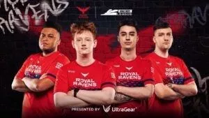 Pro CoD players Marcus “Afro” Reid, Joey “Gismo” Owen, Byron “Nastie” Plumridge and Trei “Zer0” Morris pose together with the London Royal Ravens and the Call of Duty League logos above them and a large red raven in the background.