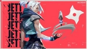 Valorant agent Jett holds a knife in the air above her hand with her name in black letter multiple times on a red background and a silver shuriken in the corner.