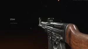 The STG44 from Call of Duty Vanguard is shown pointing away towards a black background.