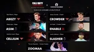 Call of Duty content creators, pro players and influencers Abezy, Asim, Cellium, Crowder, Enable, Slasher and Zoomaa appear in their own boxes with pictures of them as a promo graphic for the Call of Duty Vanguard World Premier.