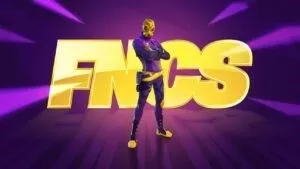 A Fortnite character poses with his arms crossed wearing the Victor Elite cosmetic skin in front of the letters 