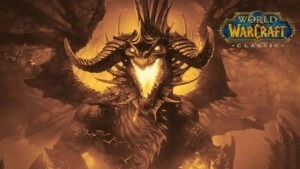 Art of the mighty drake Onyxia with wings raised and a mouth full of flames. The World of Warcraft Classic logo appears beside her