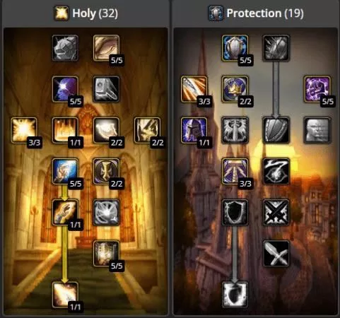 Стандартная сборка PVP для Holy Paladins, показывающая погружение в дерево защиты для получения улучшенного освящения.