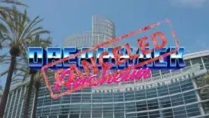 Слова «DreamHack Anaheim» появляются со словом «Отменено», напечатанным над ними красным цветом.  Конференц-центр Анахайма появляется на заднем плане