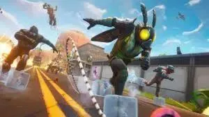 Fortnite characters skate along the highway with the icy feet ability