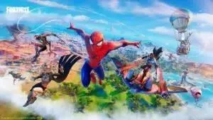 Spiderman leaps across the landscape of Fortnite in a promotional image for Chapter 3 - Season 1