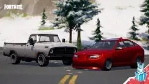 Two Fortnite vehciles, a red Islander Prevalent and a white OG Bear, are parked by a snowy roadside