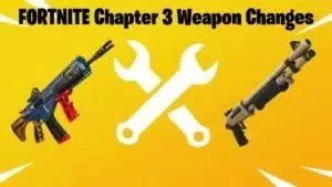 The Fortnite MK-Seven Assault Rifle and Stinger SMG appear against a white background, a pair of spanners form a cross between them. Above them the words 