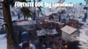 The Fortnite POI Logjam Lumberyard appears with the Gears of War cog tag shown prominently in the foreground. Above it the words 