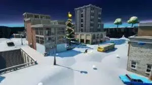 The iconic Tilted Towers from Fortnite Chapter 1 as they appeared during the Christmas Snowball Fight