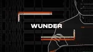 Слово «Wunder» выделено жирным шрифтом белым шрифтом на черном фоне.  Оранжево-белая линия, цвета команды Fnatic, появляется внизу и вверху.