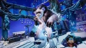 A massive horned and white-furred snow beast prances around the Tree of Light in New World's Winter Convergence event