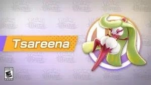 The new Pokemon to join Pokemon Unite, Tsareena, a bipedal, plantlike Pokémon with a humanoid appearance and long green leaf-like hair