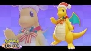 The Pokemon Dragonite appears in a festive neck ribbon and sant hat