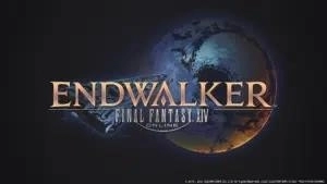 The Final Fantasy XIV Endwalker logo, featuring a arrow like space craft flying toward a crater pocked moon