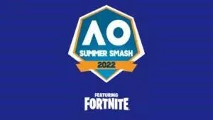 Логотип Fortnite Australian Open Summer Smash, жирные белые буквы «A» и «O» внутри шестиугольного щита появляются на синем фоне.