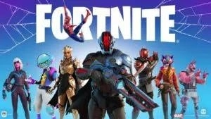 Fortnite characters including The Foundation and Spider man, assemble for battle infront of the Fortnite logo