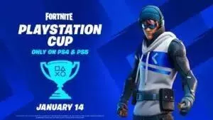 Слова «Fortnite Playstation Cup доступны только на PS4 и PS5» выделены жирным шрифтом белыми и синими буквами над стилизованным трофеем с кнопками контроллера PlayStation на передней панели.