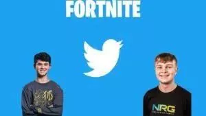 Игроки Fortnite Рыбы Буга и Бенджи появляются на синем фоне с логотипами Fortnite и Twitter между ними.