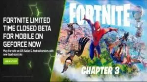 Надпись «Ограниченное бета-тестирование Fortnite для мобильных устройств на GeForce Now» отображается на черном фрактальном фоне.  Рядом с ними появляется рекламное изображение Fortnite Chapter 3.