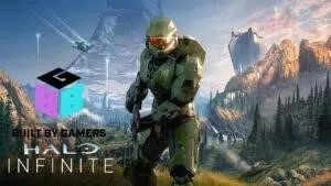 Персонаж Halo, Мастер Чиф, пробирается через пышный горный лес.  Рядом с ним появляются логотипы Halo Infinite и BBG.